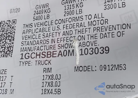 2021 Chevrolet Colorado 2Wd Long Box Wt z USA, uszkodzony, nr VIN 1GCHSBEA0M1103039